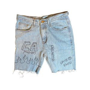 Cali Studios Graffiti Denim Shorts Bermuda Blue Size 32